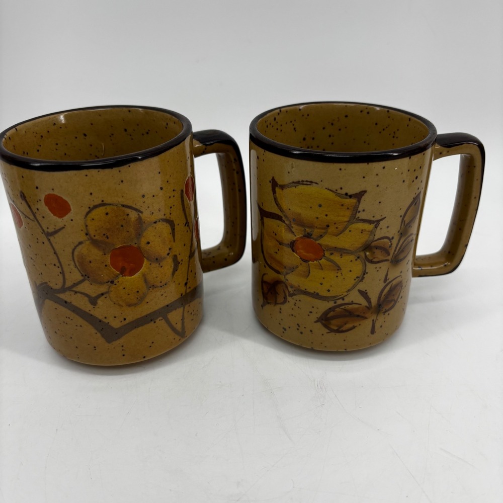 Vintage Speckled Stoneware Floral Coffee Mugs Set of 2 Boho Retro Tan Brown 4in